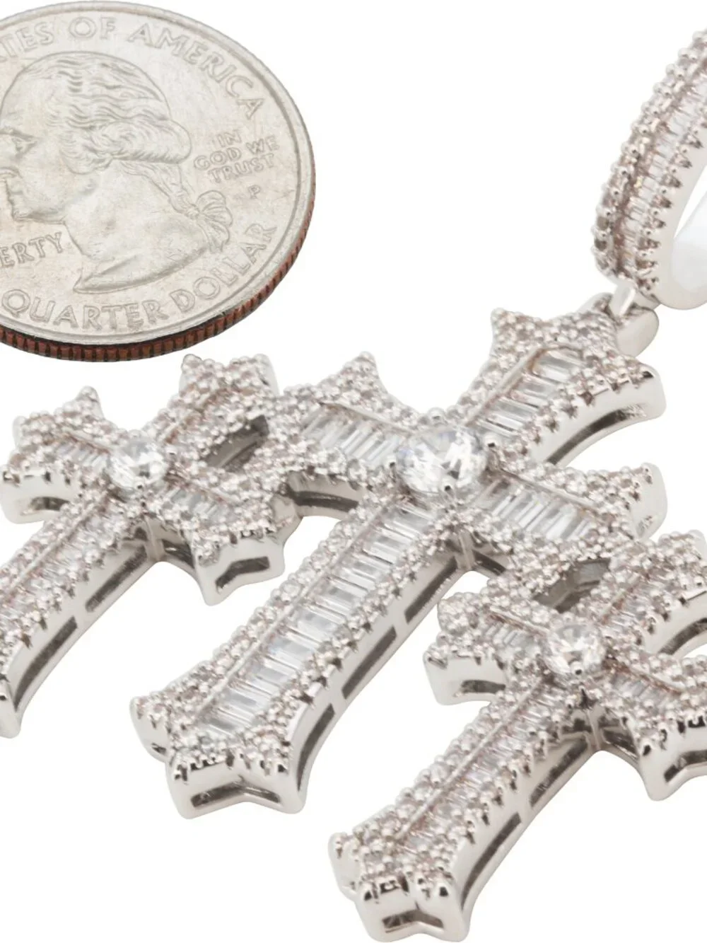 14k Yellow/White Gold Plated AAA CZ Baguette Flared Triple Cross Pendant